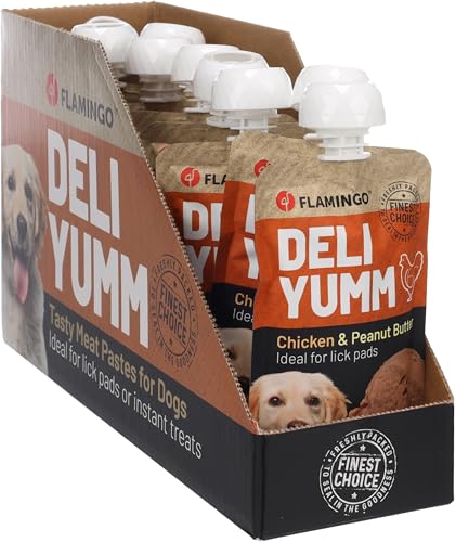 Flamingo Snack Deli Yumm Pasta mit Huhn und Erdnussbutter – 90gr, Gesunder Flüssigsnack für Hunde, Perfekt für Leckmatten