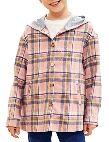 Image of Girls Cute Flannel Plaid Button Down Top with Pockets Long Sleeve Hooded Jacket
