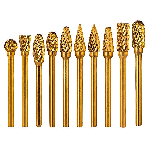 Yakamoz 10 pcs Double Coupe de Tungstène Burres Or Rotatives en Carbure Massif En Acier Set Tige Avec 1/8 (3mm) Foret de Torsion de Tiges Pour Outils Rotatifs Dremel