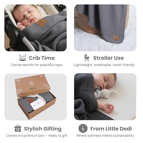 Image of 100% Organic Cotton GOTS Certified Baby Knitted Blanket with Gift Box - Soft Toddler, Crib, Stroller Blanket - Neutral Swaddle and Receiving Blanket for Newborns, 30 inchx40 inch, Dark Grey