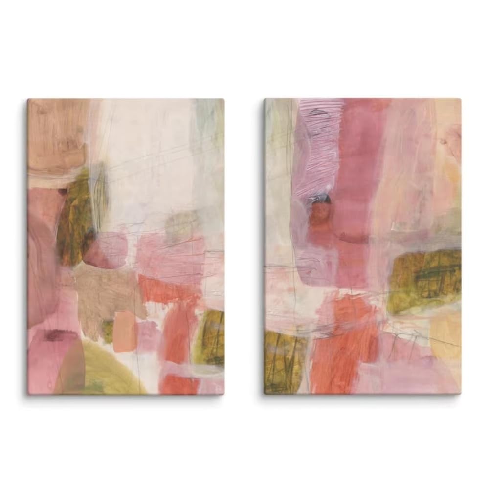 Lienzos impresos abstractos en tonos pastel para pared, estampado en terracota y lavanda, pintura verde oliva para sala de estar (60x85cm - 2 piezas)