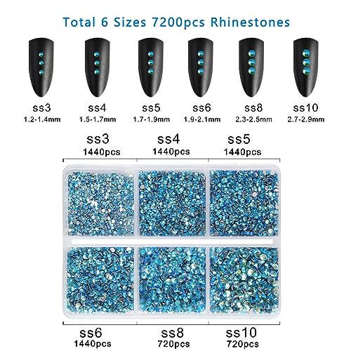 Image of Beadsland Flatback Rhinestones, Aquamarine AB, 7200pcs Mixed 6 Sizes | Glass Nail Gems, Round Crystal, With Wax Pencil Kit, SS3-SS10, Blue AB