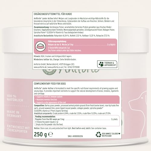 AniForte Junior Active für Welpen und Junge Hunde 250g - Für Knochen, Sehnen, Bänder, Zahn Entwicklung von Welpen & Junghunden. Puppy Ergänzung mit Kalzium, Vitaminen und Mineralien