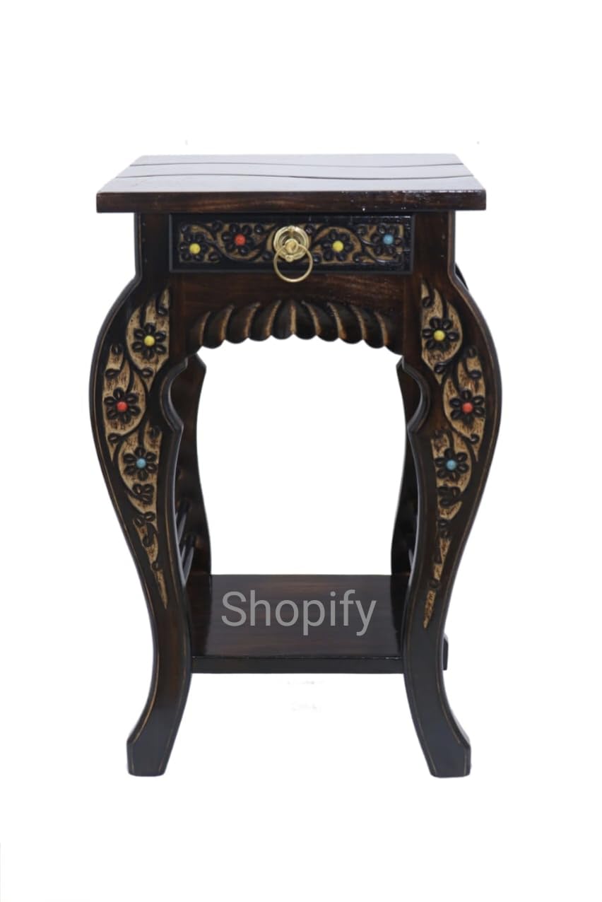 Shopify Wooden Stool-Natural Wood Antique Look Side Table with Drawer for Living Room (Brown, 14 x 14 x 21 inch) || AS05