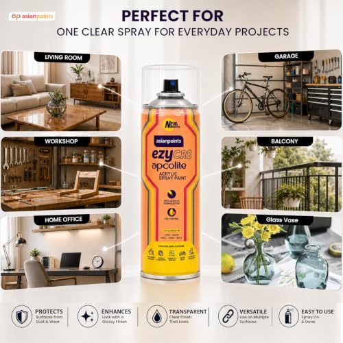 Image of Asian Paints ezyCR8 Apcolite Spray Paint with Acrylic Quick Drying Clear Matte Finish Multi-Purpose Multi-Surface DIY Aerosol Can for Car Bike Home Metal Wood Furniture Walls and Art Craft (1Pc,400ml)