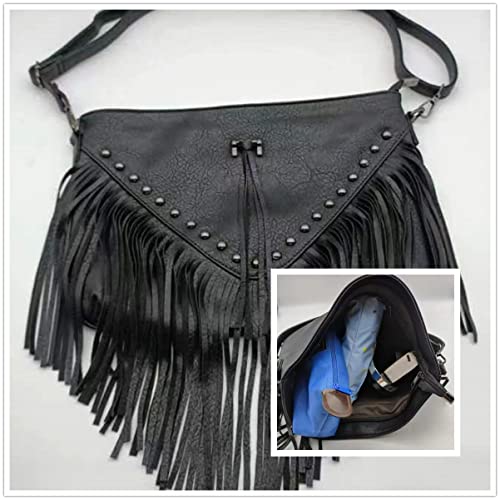 Image of IAMUHI Casual Rivets Fringed Shoulder Handbag for Women,Soft Vegan Leather Hippie Crossbody Purse Bag Hobo Bag