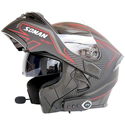 Motorcycle Bluetooth Helmet, Modular Flip-Type Double Sun Visor Full Helmet DOT Certified Helmet Built-in Mp3 FM Broadcast Integrated Intercom Communication System 1,L=59-60