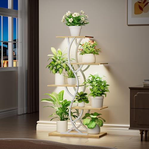 Image of Plant Stand Indoor with Grow Lights - 5 Tiered Corner Plant Shelves (White) | 44 inch Tall Metal Plant Shelf, S-Shape Lighted Flower Holder Dispaly Rack for Living Room, Home, Patio, Balcony
