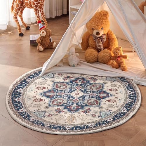 OPPODREAM Soft Round Rug 4ft, Washable Circle Rug 4ft with Non Slip Backing Play Room, Low-Pile Carpet 4 ft, Small Faux Cashmere Throw Carpet, Navy Blue & Red & Cream