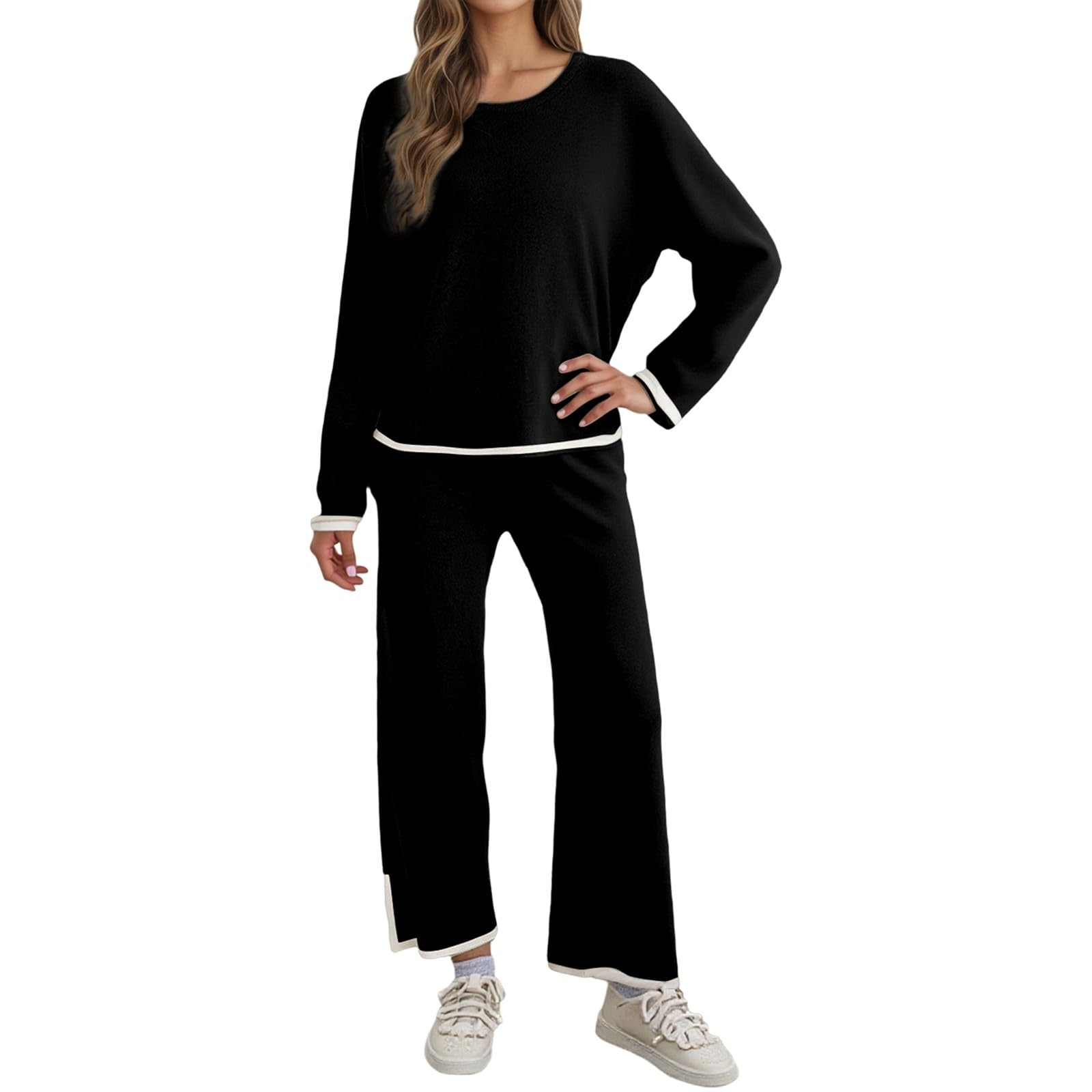 Ensemble de 2 pulls pour femme - Manches longues - Pull en tricot - Couleur unie - Confortable - Été - Jambes larges - Pantalon - Ensemble de détente - Survêtement