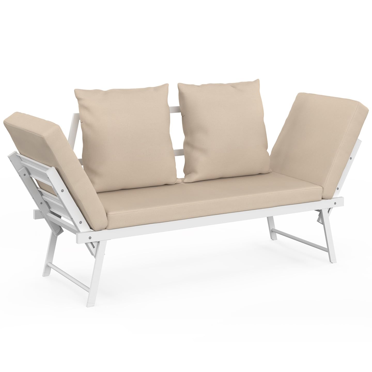 IDMarket - Canapé de Jardin, Banquette Convertible NOLA 2/3 Places avec accoudoirs inclinables métal Blanc et Coussins Beige