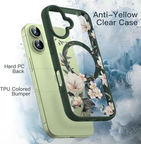 Image of VONZEE Back Cover Case Compatible with iPhone 17, Luxury Retro Flowers Floral Clear for Magnetic Wireless Charging Case Shockproof PC+TPU Cute Glossy Shiny Cover for Girls Women, 6.3'' Green