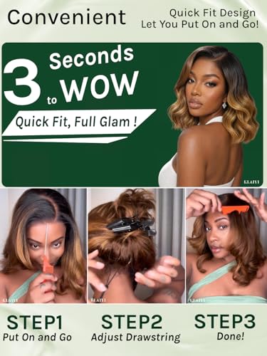 Image of KLAIYI Bye Bye Slip Ombre Brown Highlight Glueless Bob Loose Wave Wig Human Hair Precut 7x5 Lace Front Wigs Drawstring Blonde Pre Plucked Bleached Knots Ready to Wear and Go Wig with Side Bang 14Inch