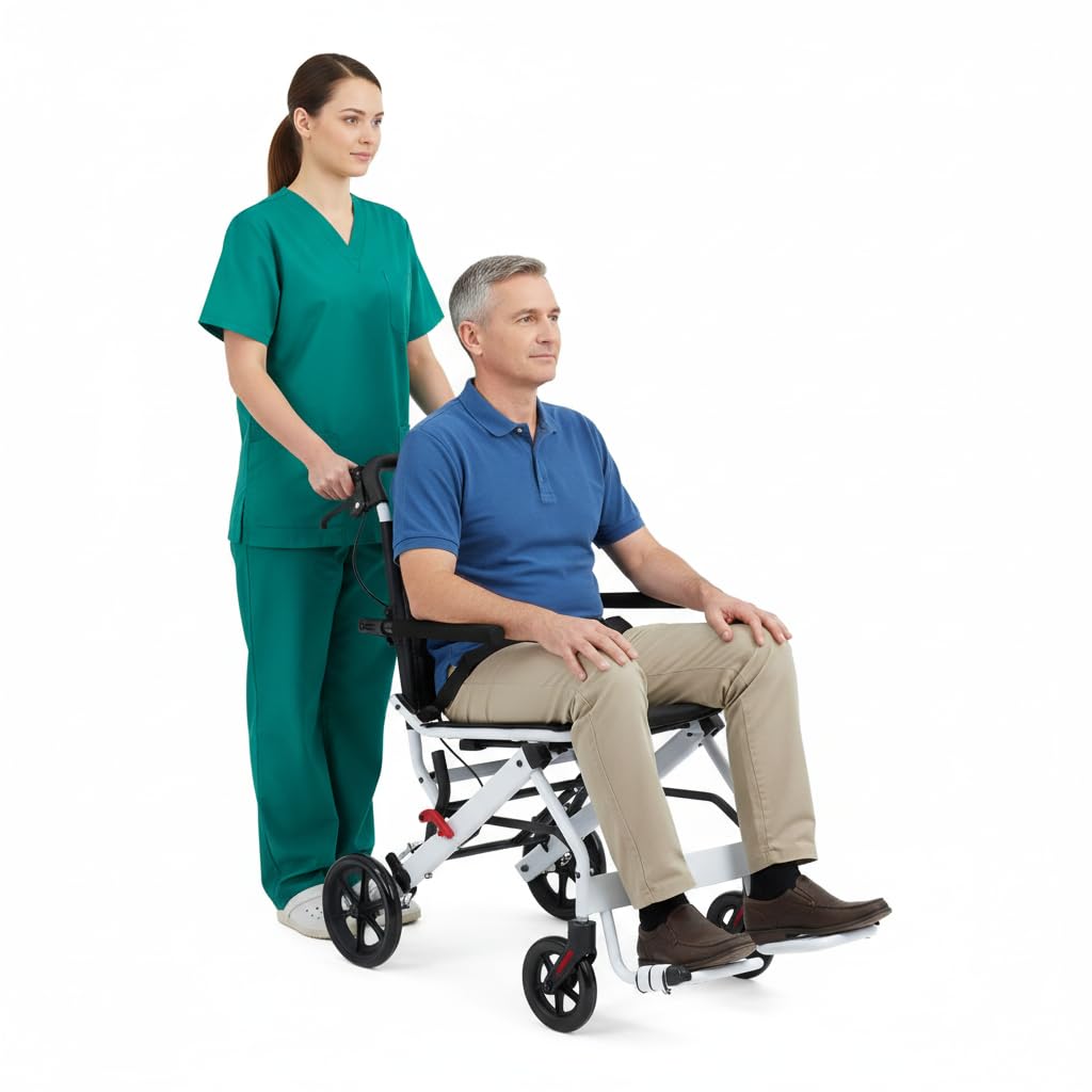 Lekki składany wózek inwalidzki, ultralekka rama ze stali węglowej z regulowanymi funkcjami bezpieczeństwa, poręcze obrotowe o 280°, opony PU, nośność 150 kg dla łatwej podróży i mobilności (biały)