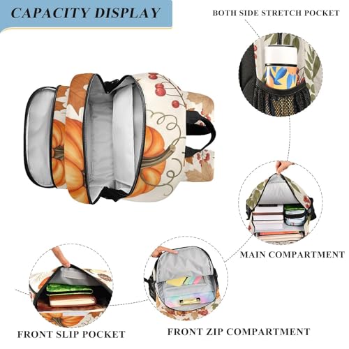 Kids Backpack for School, Autumn Leaves Pumpkins Cream Girls Backpack Elementary School, 17 Inch, Age 6-124