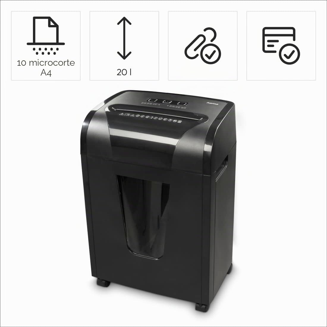 Hama |Trituradora de Papel con Nivel de Seguridad E-4, P-5, T-5, 20L, Negro | Premium M8, Dimensiones 35 x 24,6 x 51,9 cm, MAX. Nivel de Ruido: 62 db, MAX. Velocidad de Corte: 1,8 m/min