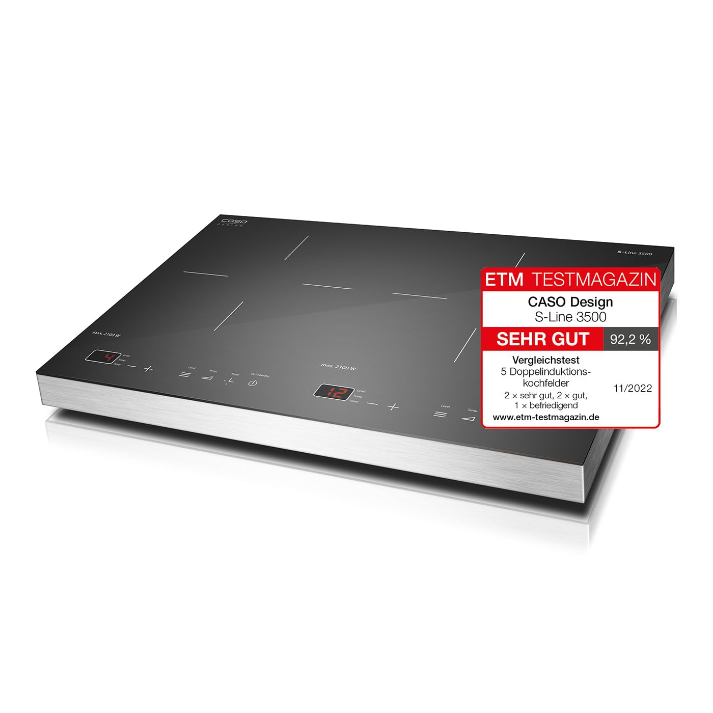 CASO S-Line 3500 przenośna podwójna płyta indukcyjna, maks. 3500 W, temperatura 60 – 240 °C, płyta grzewcza z timerem, 12 poziomów mocy, obudowa ze stali nierdzewnej, do garnków o rozmiarach do 22 cm