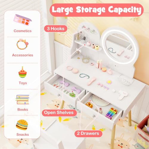 Image of HONEY JOY Kids Vanity, Little Girls Vanity Set with Mirror and Stool and Lights, Drawers, Toddler Makeup Vanity Dressing Table, Wooden Pretend Play Kids Vanity Table and Chair Set (White)
