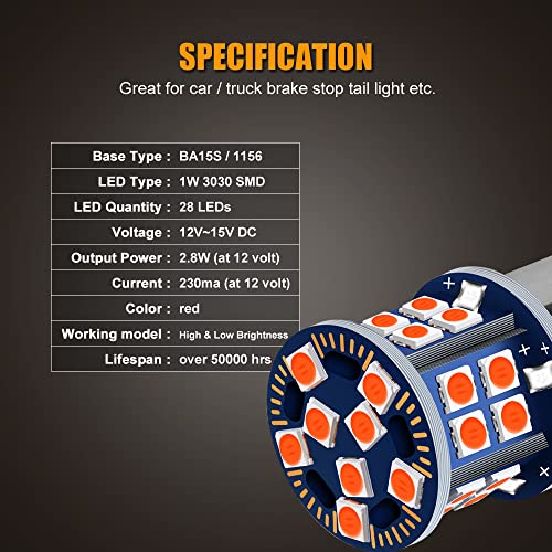Ebaifun 12V Red 1156 1141 Ba15S Led Brake Light Center High Mount Stop Light 7506 3497 1129 1003 5008 67 97 63 Single Filament Base Replacement Bulb For Car Truck Motorcycle Rv Trailer Camper 2-Pack #TOP2