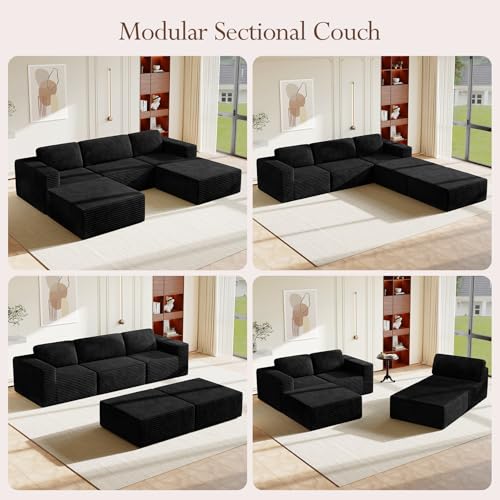 Image of Vesgantti 119 inch Oversized U-Shaped Modular Sectional Sofa, Corduroy Cloud Couch with Deep Seating & Spring Support, Convertible Sofa with 2 Ottomans, Boneless Couch, No Assembly Required, Black