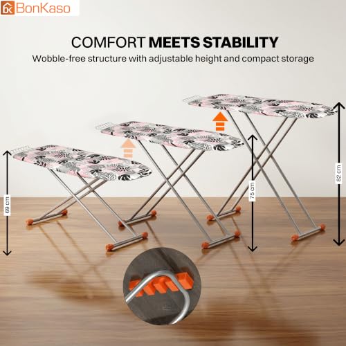 Image of BonKaso Premium Foldable Ironing Board with Adjustable Height & Heat Resistant Iron Rest | Ergonomic Ironing Table with Anti-Skid Legs, Fabric Cover & Foam Padding for Home - Pink