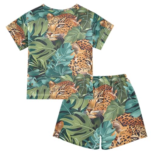 ALAZA Tropical Leaves Leopard Animal Pajamas Short Sleeve 2 Piece Sleepwear Top and Bottom Pajama Set Unisex2