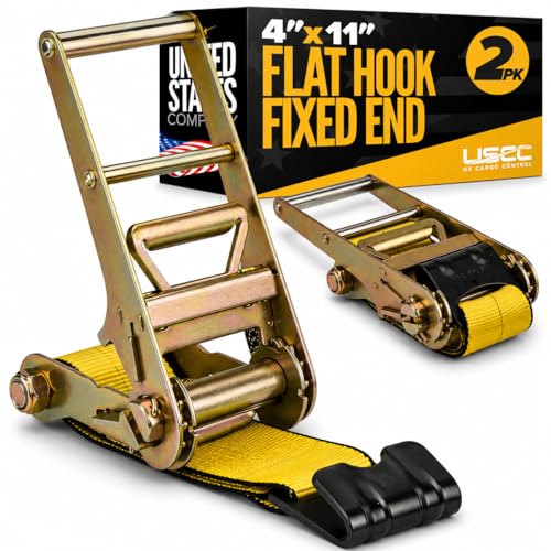 US Cargo Control 4 Inch x 11 Inch Replacement Fixed Ends (2-Pack) 5 400 LBS Working Load Limit 4 Inch Ratchet Strap Fixed Ends with Zinc-Coated Ratchets and Black Flat Hooks for Flatbed Trailers