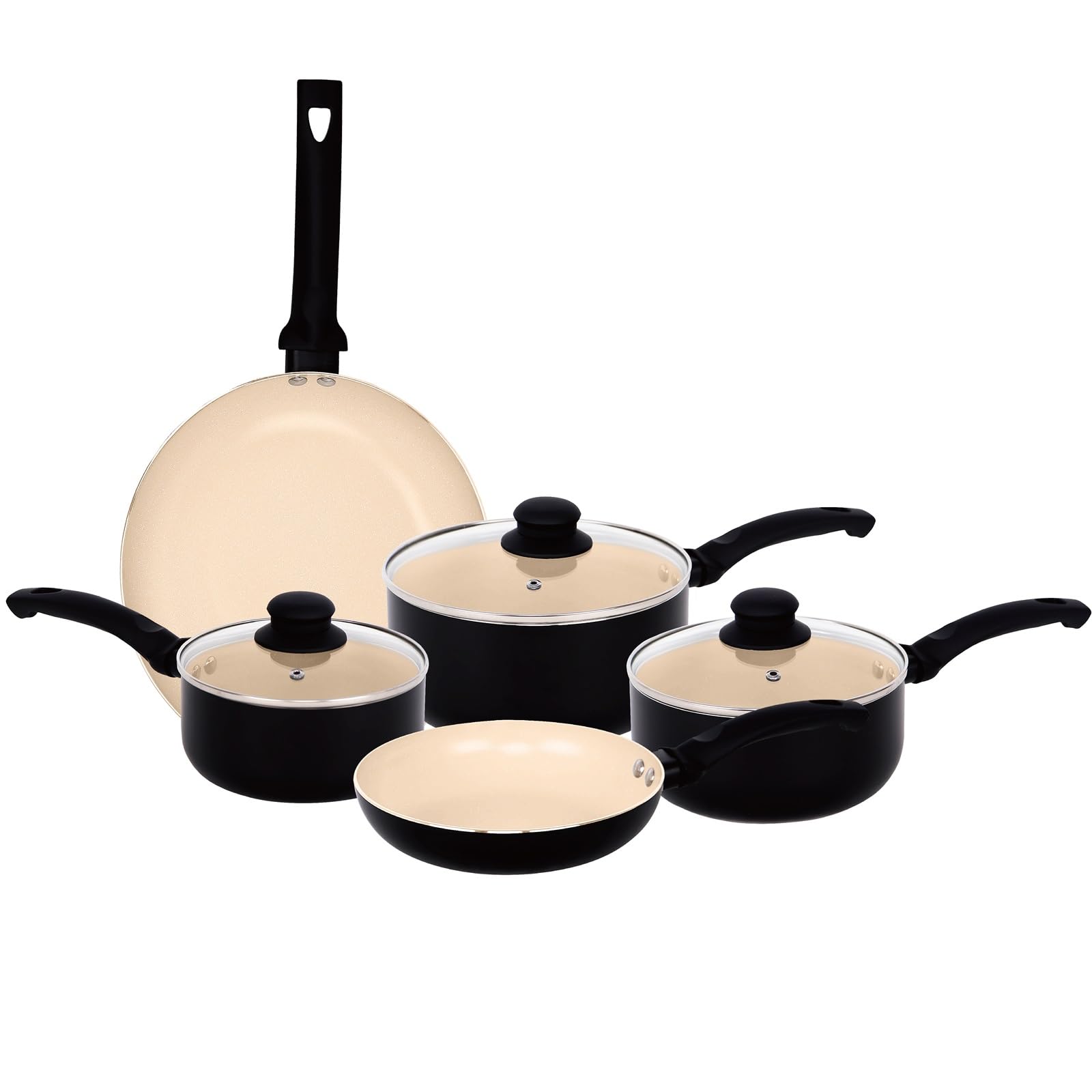 Gr8 Home Aluminium 8 Piece Marble Stone Effect Non Stick Cookware Set Ceramic Induction Frying Pan Saucepan with Lid Cooking Kitchenware (Cream)