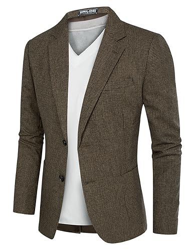 Vintage Herringbone Tweed Blazer for Men Notch Lapel Wool Blend Jacket