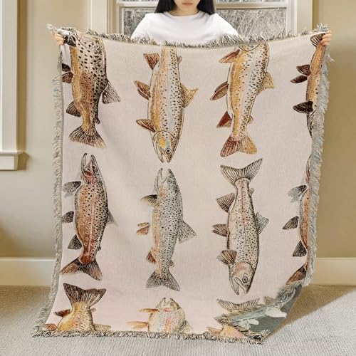 Moukeren 60 x 50 Inch Woven Tapestry Throw Blanket with Colorful Tassel, Rainbow Trout,...