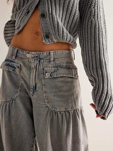 loveimgs Women Ruffle Denim Pants Pleated Wide Leg Jeans Baggy Cargo Harem Pants Mid Rise Sweatpants Tie Bottom2