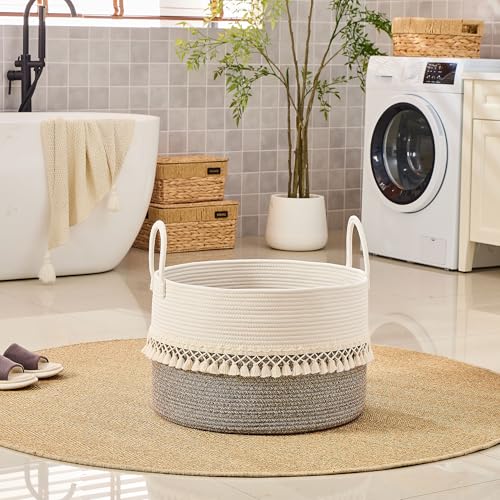 Image of KAKAMAY Cotton Rope Storage Basket (20 inchx13 inch),Woven Hamper for Blankets,Toys,Pillows,Clothes,Laundry,Sturdy Handles Decorative Basket for Living Room, Bedroom,Nursery(Beige Fringe)
