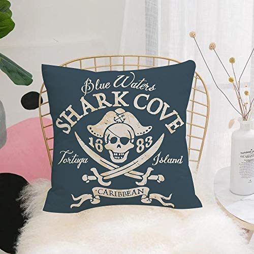 Taie d'oreiller ，Motifs imprimés Housse Coussin,Pirate, île Tortuga de Shark Cove, eaux des Caraïbes, rétro Jolly Roger, mTaie d'oreiller Lavable Super Doux pour Maison Salon Chambre Bureau 45x45cm