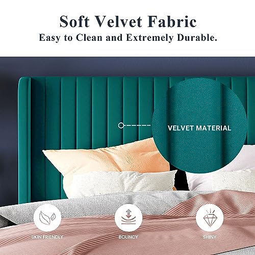 Allewie Queen Size Bed Frame/Velvet Upholstered Platform Bed/Vertical Channel Tufted Wingback Headboard/Strong Wooden Slats/No Box Spring Needed/Easy Assembly/Teal