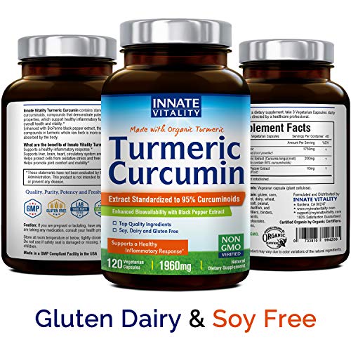 Organic Turmeric Curcumin with BioPerine, 95% Standardized Curcuminoids, 1960mg per Serving, 120 Veggie Caps, Non-GMO,Gluten Dairy & Soy Free, Anti-Inflammatory,Pain Relief & Joint Support