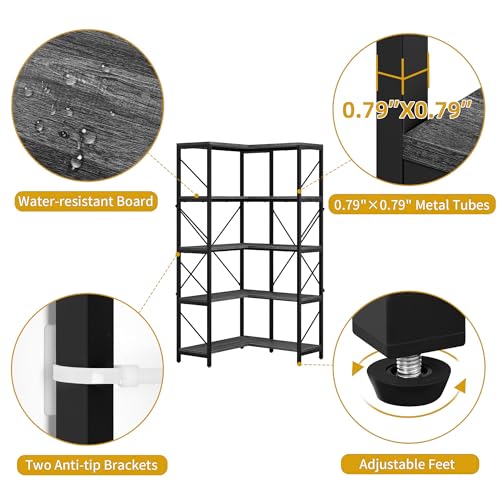 DWVO Corner Bookshelf, 5-Tier L-Shaped Bookshelf Storage Organizer, Tall Corner Bookcase Open Display Freestanding Storage Rack for Living Room, Home Office, Grey