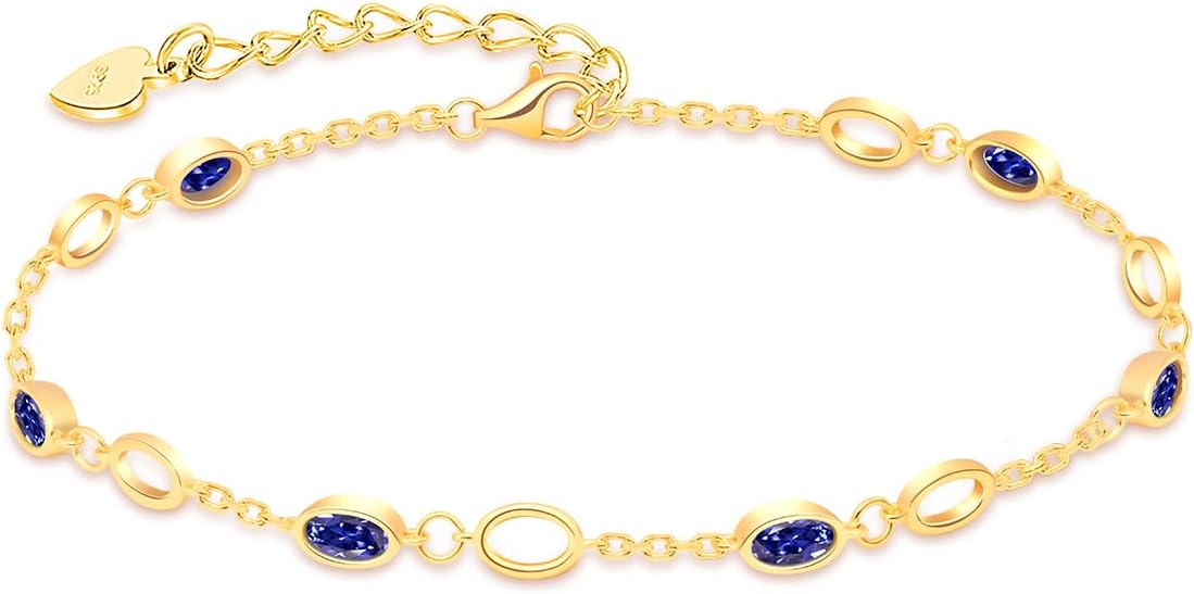 RIVIKO Birthstone Bracelets for Women,925 Sterling Silver Gold Plated Dainty Women Charm Link Bracelet,Adjustable Anniversary Jewelry Chrismas Birthday Mothers day Gifts for Mom Her Wife Friend Lady