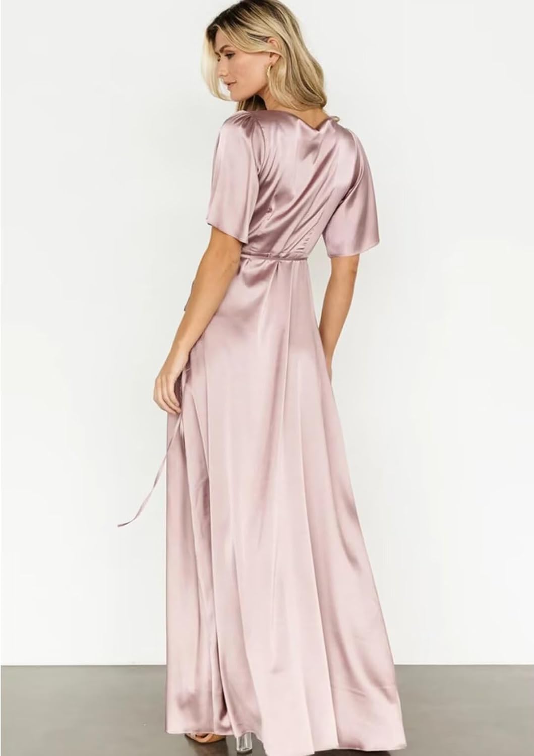 UZN Satin Bridesmaid Dresses High Low for Women V Neck Formal Party Gowns for Wedding with Slit