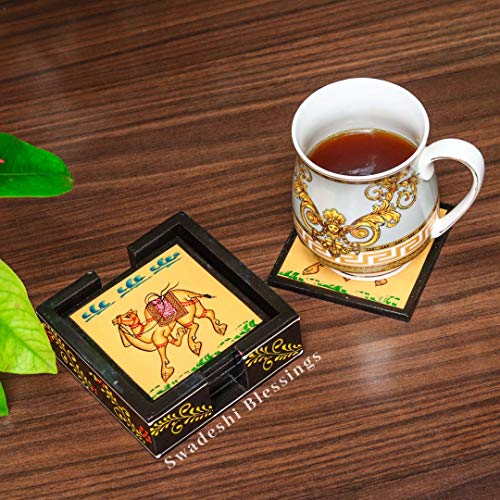 Image of Swadeshi Blessings Wooden Square Coffee /Tea Coasters Set- Handcrafted & Hand-Painted for Kitchen /Table & Home Decor /Dinning /Gifts /Restaurants /Living Room /Coffee Table (Set of 6) (Yellow Camel)