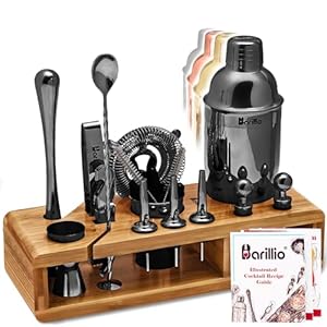 Barillio Black Bartender Kit – Stainless-Steel Cocktail Shaker Set w/Bamboo Stand – Mixology Bar Tools w/Drink Shaker, Mixer Spoon & Muddler for Cocktails – Home Bar Accessories – 23-Pc Bar Set