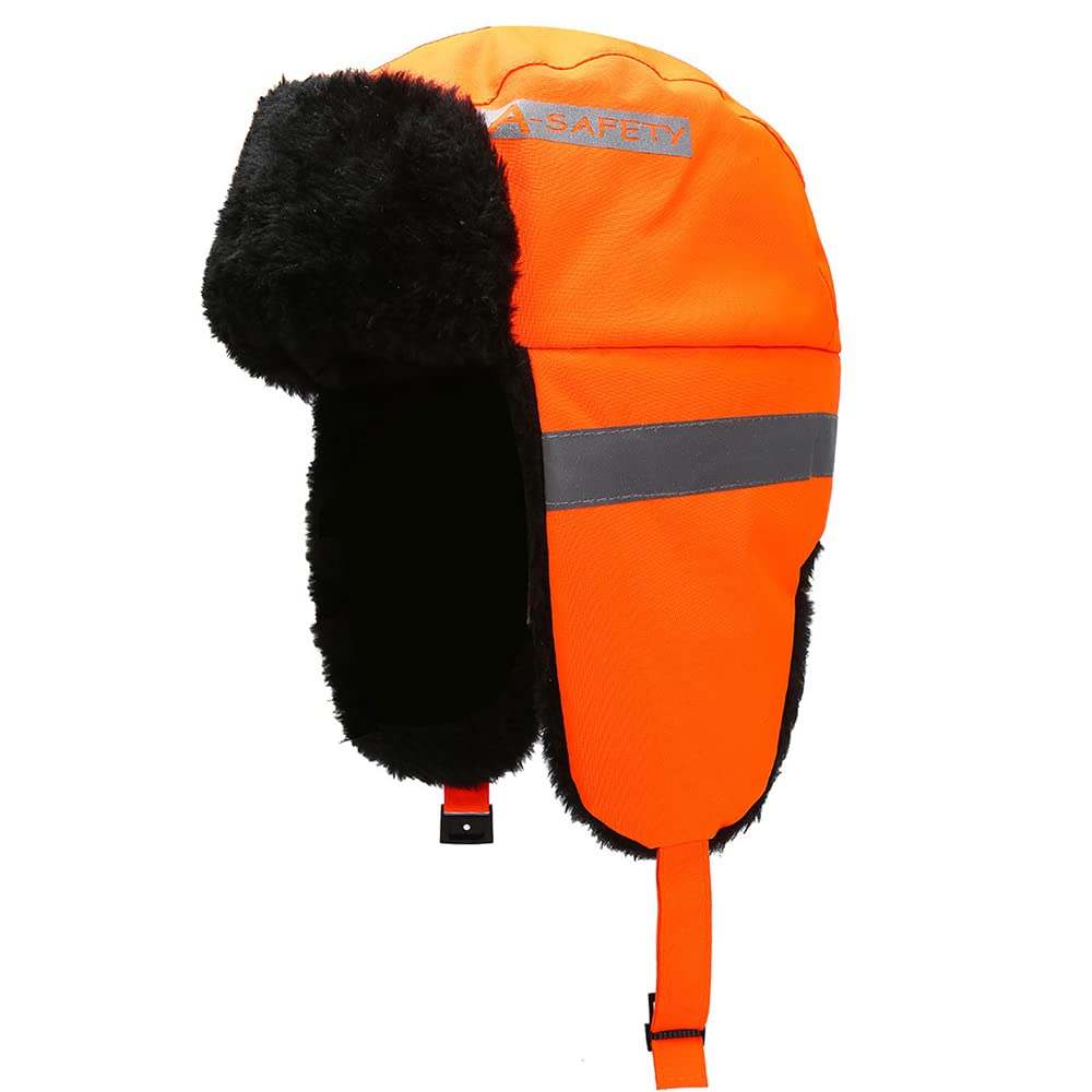 Men Warm Trapper Hat Windproof Faux Fur Balaclava Reflective Winter Safety Hat Fleece Lined Worker Hat Skiing Hat