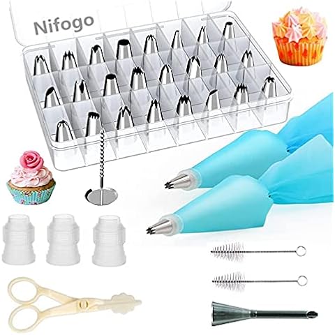 Spritztüllen Set, Nifogo Spritzbeutel mit Tüllen 34 Teiliges, Torten Zubehör mit 24 Tüllen, 2 Silikon Spritzbeutel Mehrweg für Cupcakes Kuchen Eclairs Cover