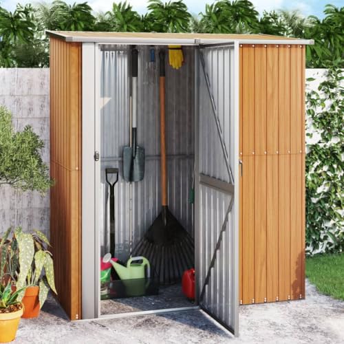 Caseta de jardín para jardín, 180,5 x 97 x 209,5 cm, acero galvanizado, aspecto de madera para patio trasero, terraza, césped
