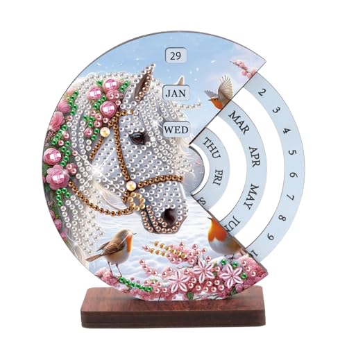 Image of AiYuanzsh Diamond Painting Tabletop Perpetual Calendar, 3D DIY Wooden Desk Ornament with White Horse Design, Sparkling Diamond Art Kit for Desktop Decoration