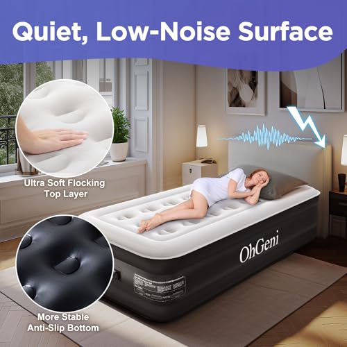 OhGeni Twin Air Mattress with Built in Pump for Guest, 18in Tall Colchon Inflables Blow Up Air Bed with Carrying Bag for Camping, Raised Elevated Double Airbed, Foldable & Portable Air Mattress, Black