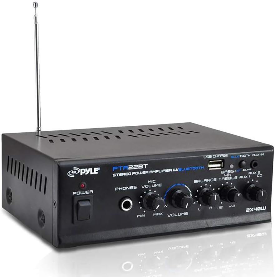 Bluetooth Mini Blue Series Home Audio Amplifier - Compact Desktop Home Theater Stereo Amplifier Receiver with USB Charge Port | Pager & Mixer Karaoke Modes | Mic Input (40 Watt x 2) | Pyle PTA22BT