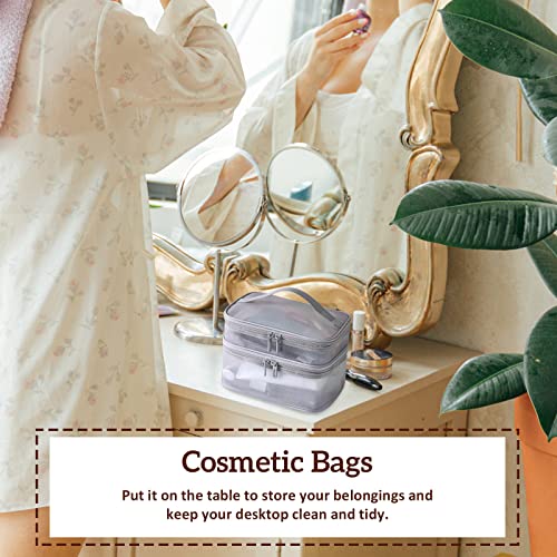 Double Layer Makeup Bag, Large Mesh Travel Cosmetic Pouch with Double Zipper, Vertical Make up Bag, Multifunctional Toiletry Bag for Makeup Brushes (Gray) 6