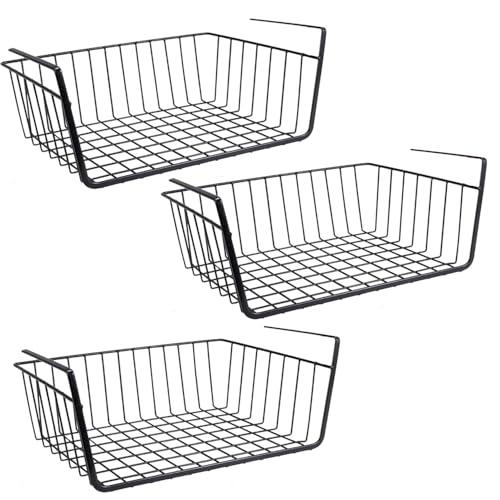 Image of Go Hooked 16 Inch Undershelf Storage Basket Pack of 3 | Multipurpose Under Shelf Organizer | Hanging Wire Basket for Cabinet, Shelf, Pantry, Cupboard, Closet, Desk, and Bathroom (Black)