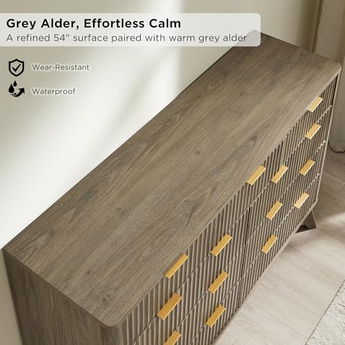 Image of T4TREAM 54 inch Wide Fluted 9 Drawer Dresser for Bedroom, Grey Alder | Mid Century Modern, Curved Profile, Metal Handles, Anti-tip Kit, Smooth Slides, for Living Room, Hallway