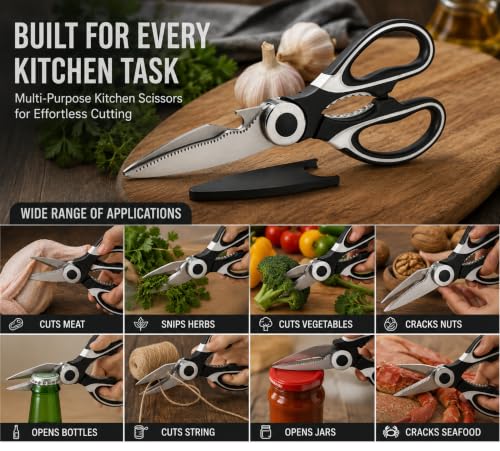 Image of Kitchen Knife Set with Wooden Cutting Board & Kitchen Scissors | Black Coted Stainless Steel Blade with Cover | Heavy-Duty Kitchen Scissors | Wood Chopping Board for Vegetable, Fruit & Meat Cutting